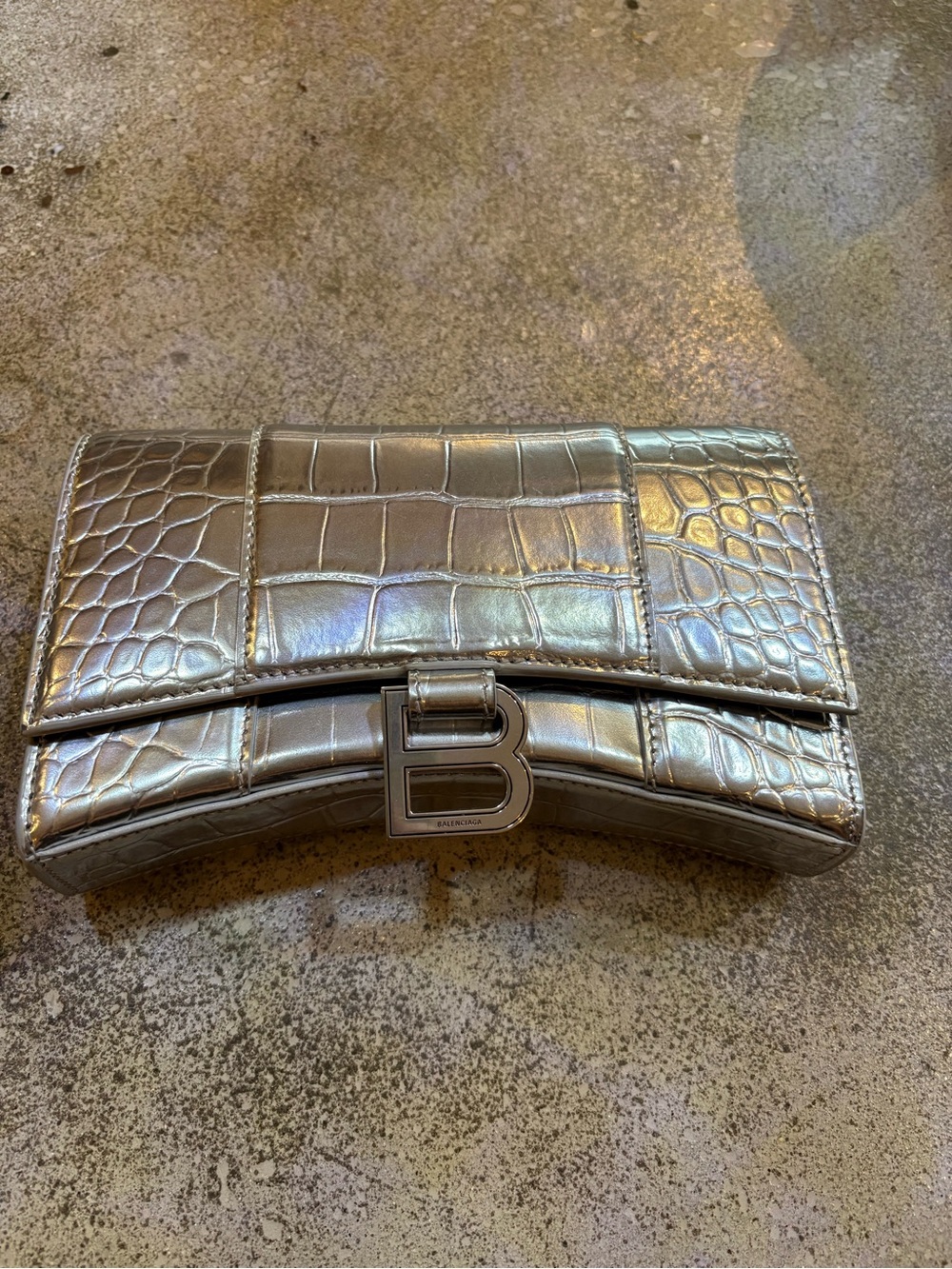 Balenciaga Metallic Silver Croc-Embossed B-Buckle Wallet